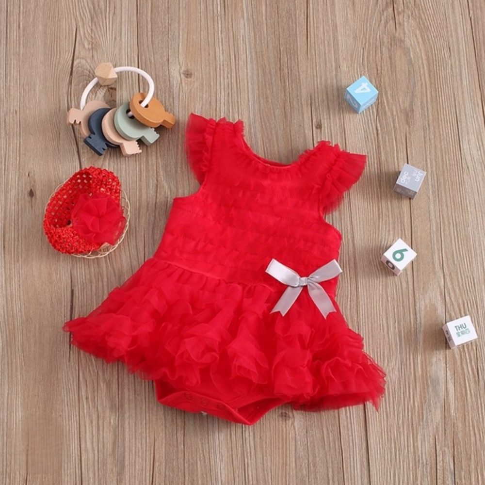 Baby Girl First Birthday Cake Smash Red Tutu Ruffle Romper Dress Set 12-18M